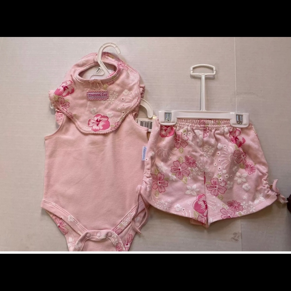 Vitamin Baby Pink Flowery 3 Piece Set(Body Suit, Shirts & Bib) 6 to 9 months NWT